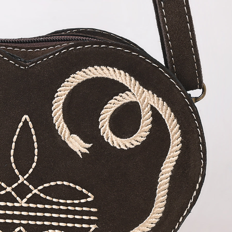 American Darling Western Heart Shaped Suede Leather Canteen Bag, Boot Stitched Crossbody Purse