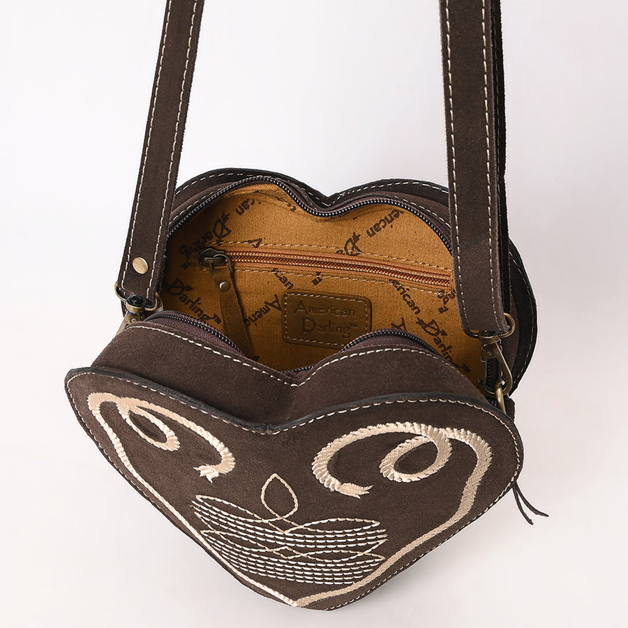 American Darling Western Heart Shaped Suede Leather Canteen Bag, Boot Stitched Crossbody Purse