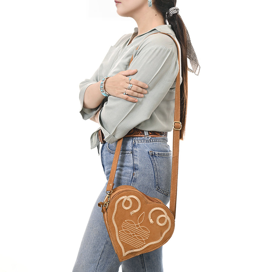 American Darling Western Heart Shaped Suede Leather Canteen Bag, Boot Stitched Crossbody Purse