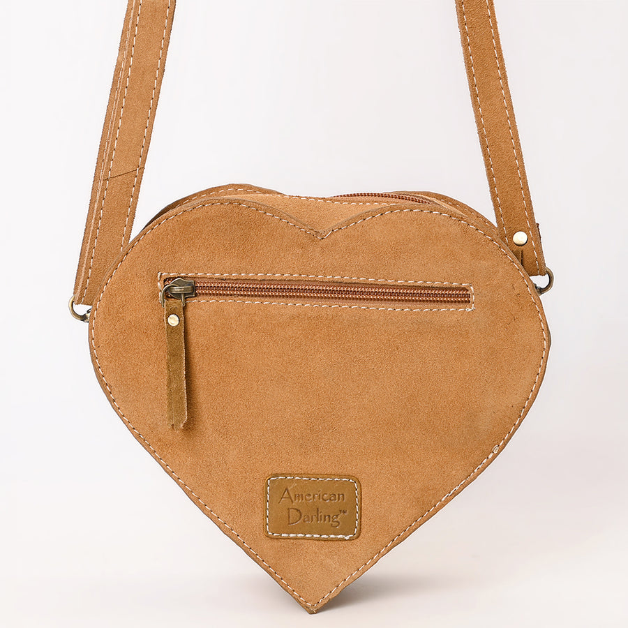 American Darling Western Heart Shaped Suede Leather Canteen Bag, Boot Stitched Crossbody Purse