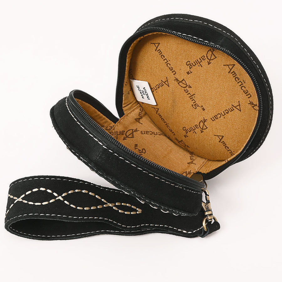 American Darling Western Heart Shaped Genuine Suede Leather Canteen Bag, Boot Stitched Crossbody Purse