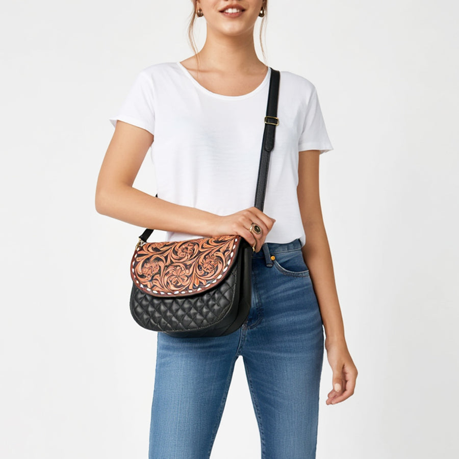 American Darling Hand Tooled Floral Carved Leather Cross body Bag, Quilted Genuine Leather Western Purse with Buck Stitching