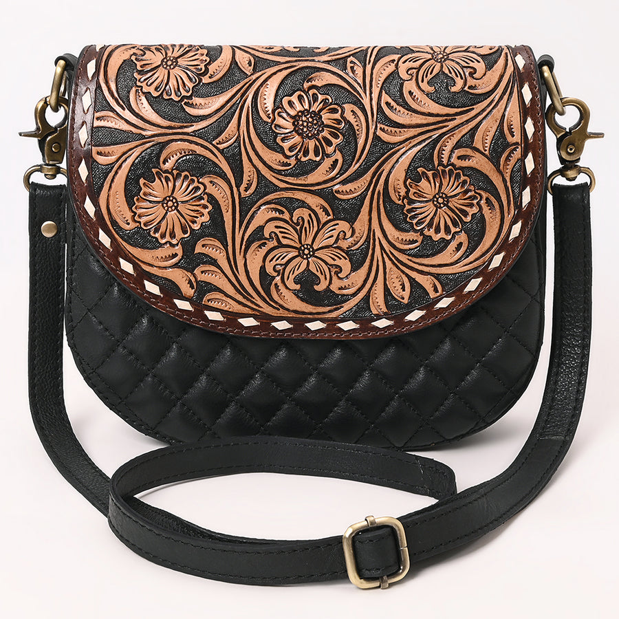 American Darling Hand Tooled Floral Carved Leather Cross body Bag, Quilted Genuine Leather Western Purse with Buck Stitching