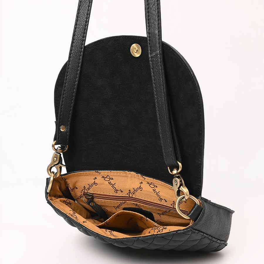 American Darling Hand Tooled Floral Carved Leather Cross body Bag, Quilted Genuine Leather Western Purse with Buck Stitching
