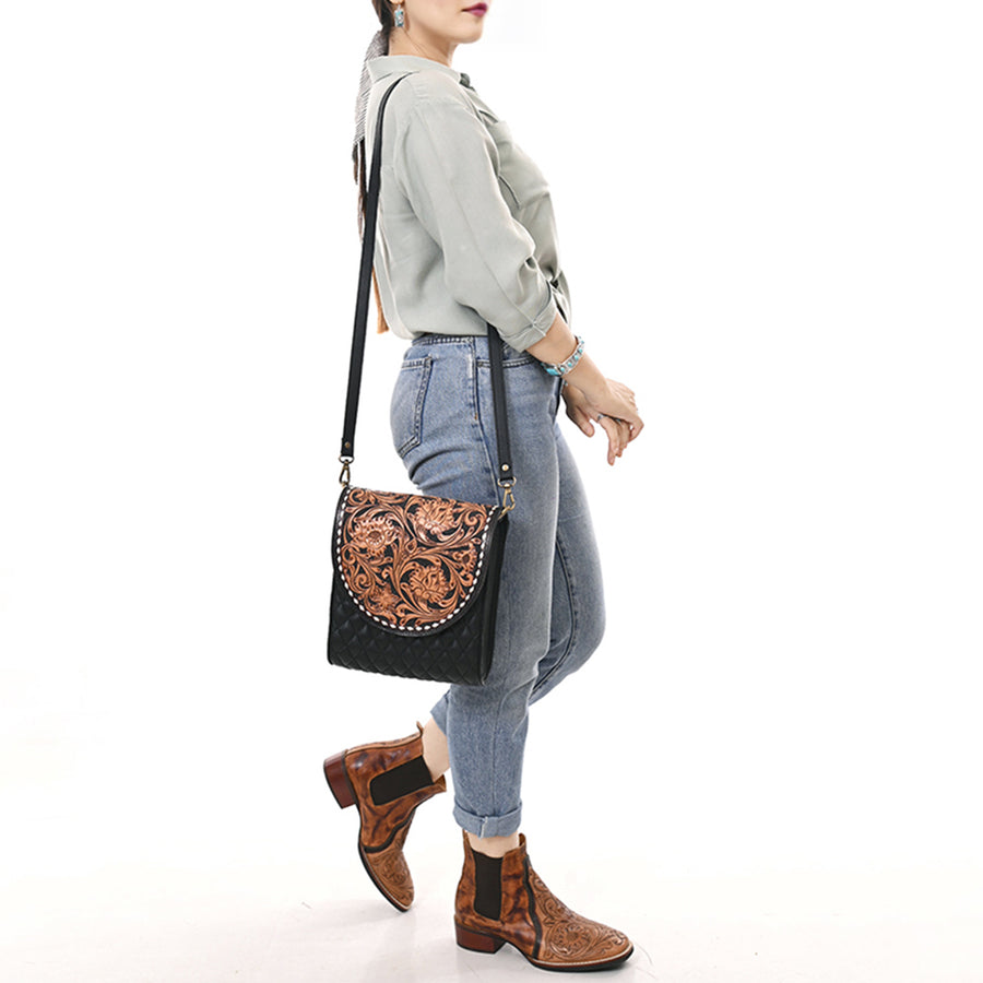 American Darling Hand Tooled Floral Carved Leather Cross body Bag, Quilted Genuine Leather Western Purse with Buck Stitching