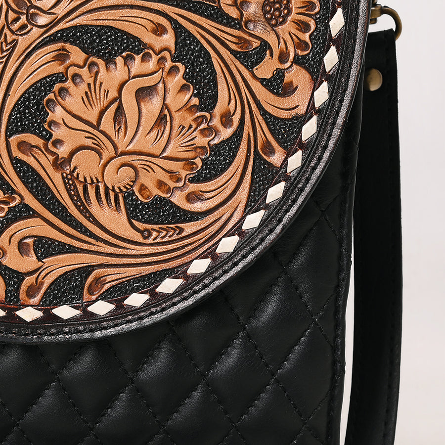 American Darling Hand Tooled Floral Carved Leather Cross body Bag, Quilted Genuine Leather Western Purse with Buck Stitching
