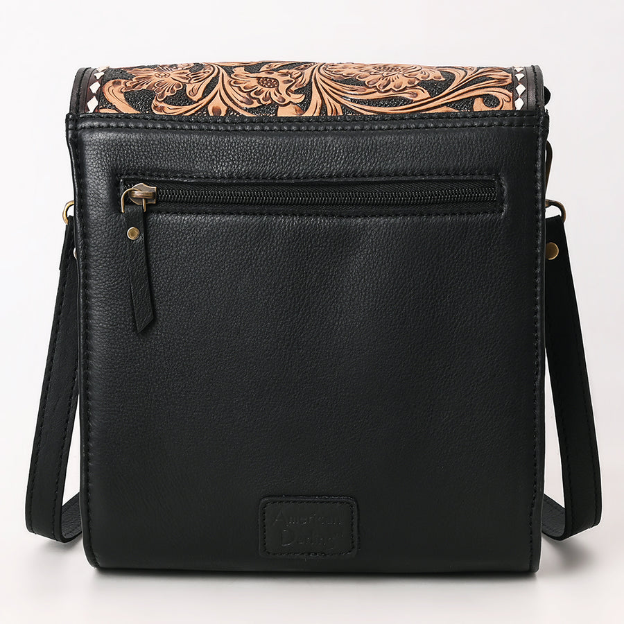 American Darling Hand Tooled Floral Carved Leather Cross body Bag, Quilted Genuine Leather Western Purse with Buck Stitching