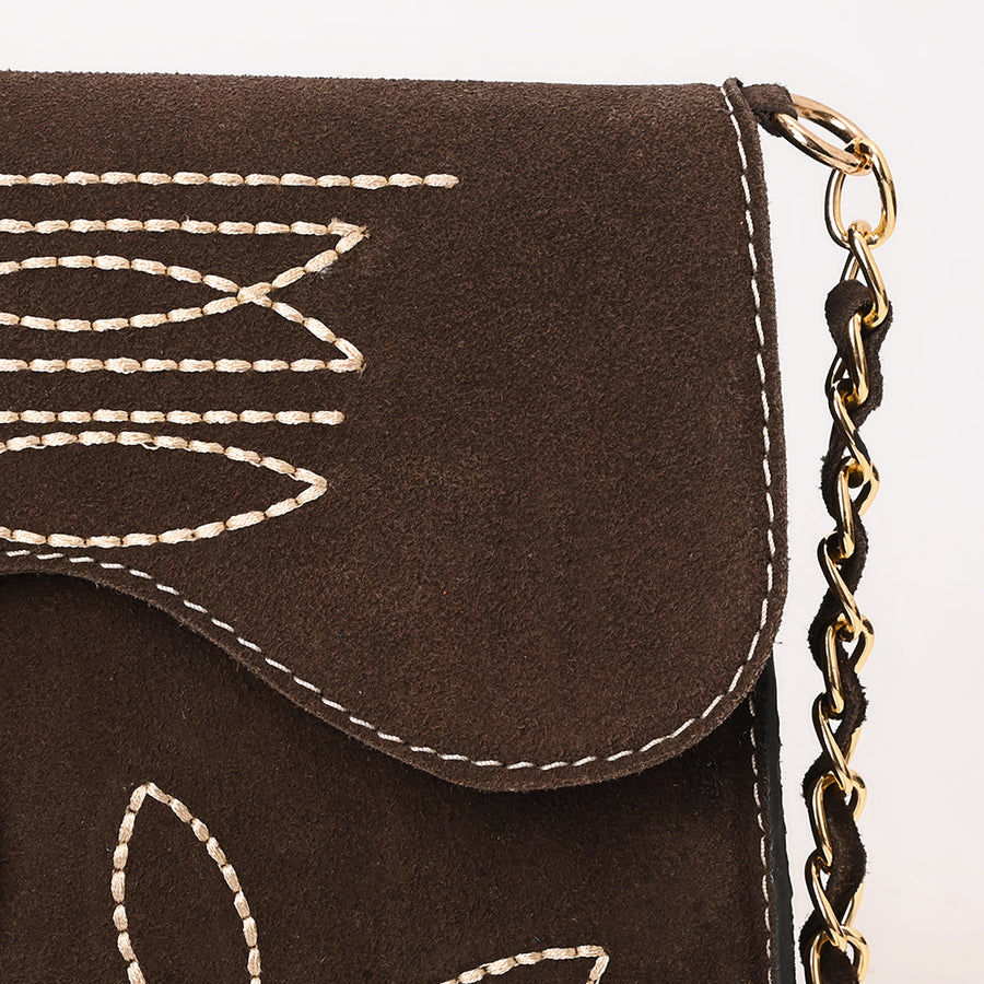 American Darling Boot Stitched Genuine Suede Leather Small Cross body Bag, Genuine Leather Western Purse with YKK Zipper