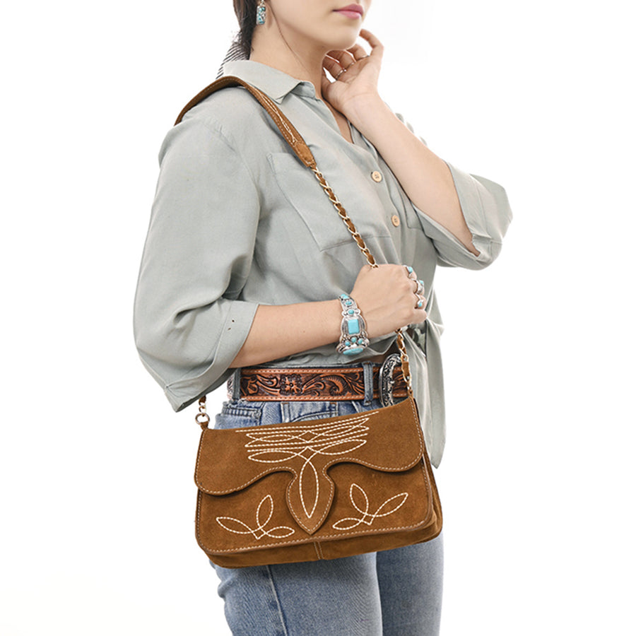 American Darling Boot Stitched Genuine Suede Leather Small Cross body Bag, Genuine Leather Western Purse with YKK Zipper