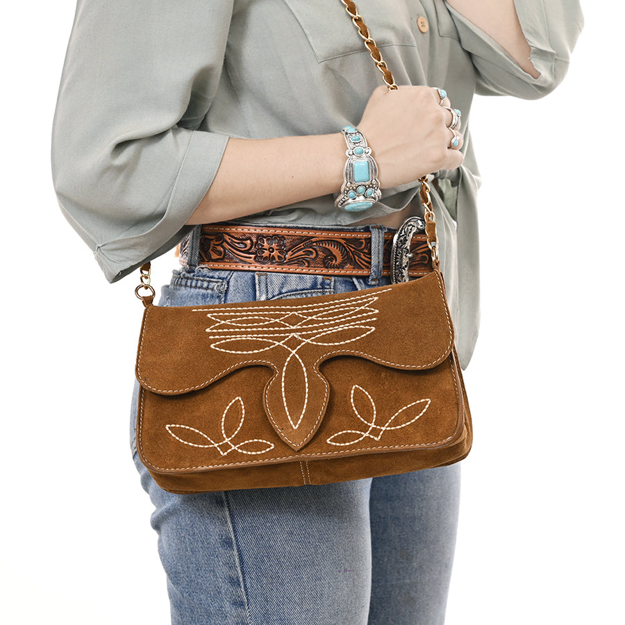American Darling Boot Stitched Genuine Suede Leather Small Cross body Bag, Genuine Leather Western Purse with YKK Zipper