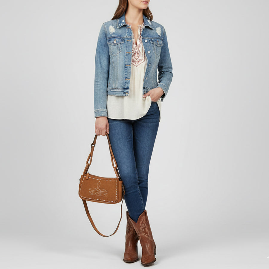 American Darling Cross body Bag Western Genuine Leather Handcrafted Suede Shoulder Purse with Boot Stitched Design and YKK Zipper