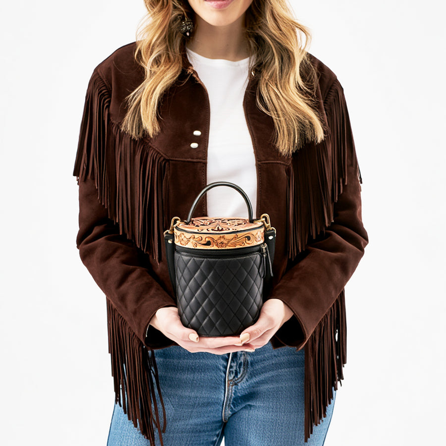 American Darling Hand Tooled Floral Carved Leather Jewelry case, Quilted Genuine Leather Western Organizer with YKK Zipper