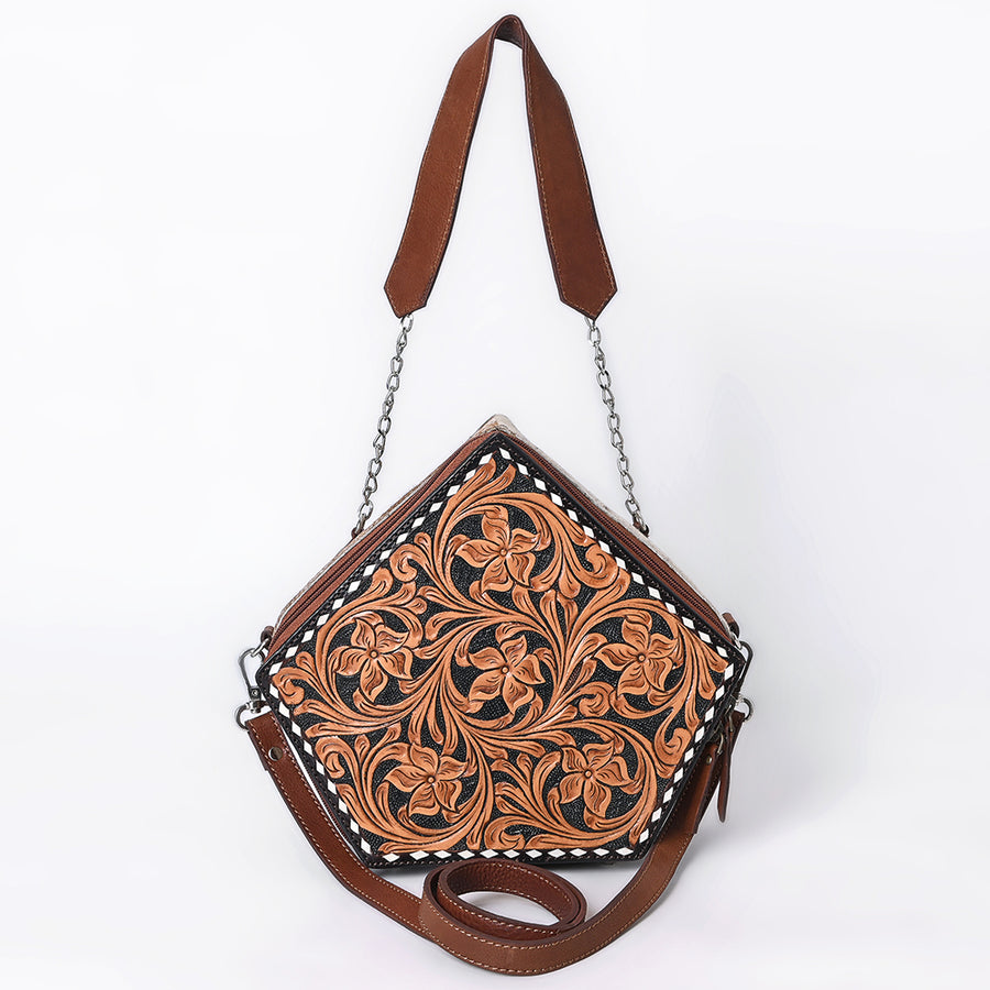 American Darling Hand Tooled Floral Carved Hair-On Cowhide Cross body Bag Genuine Leather Western Purse with YKK Zipper
