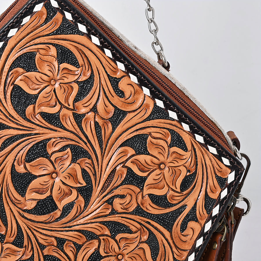 American Darling Hand Tooled Floral Carved Hair-On Cowhide Cross body Bag Genuine Leather Western Purse with YKK Zipper