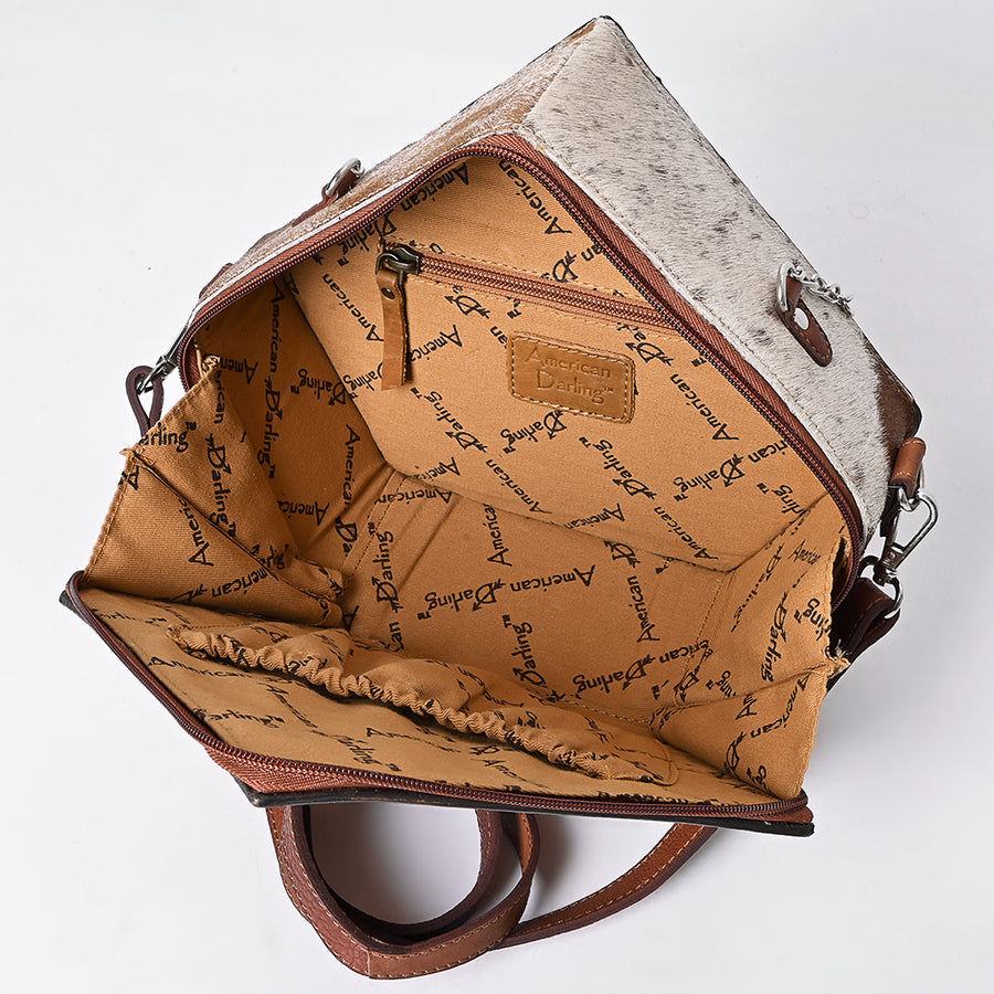 American Darling Hand Tooled Floral Carved Hair-On Cowhide Cross body Bag Genuine Leather Western Purse with YKK Zipper
