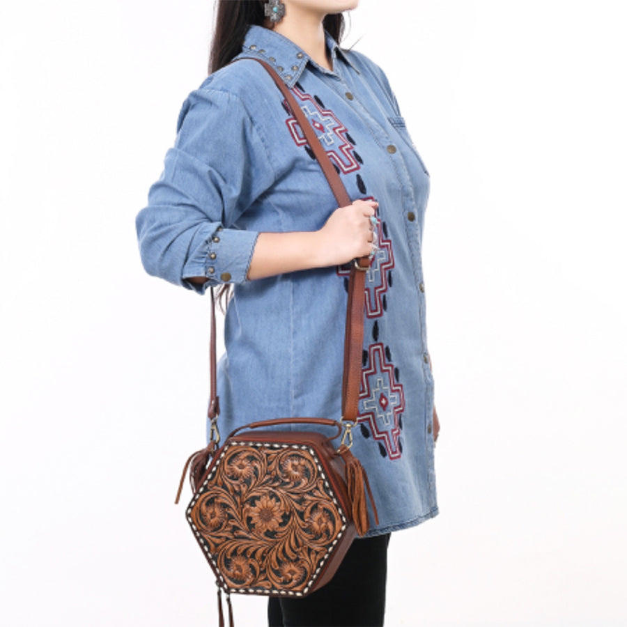 American Darling Hand Tooled Floral Carved Genuine Leather Canteen Bag Tassels Buck Stitched Western Purse YKK Zipper