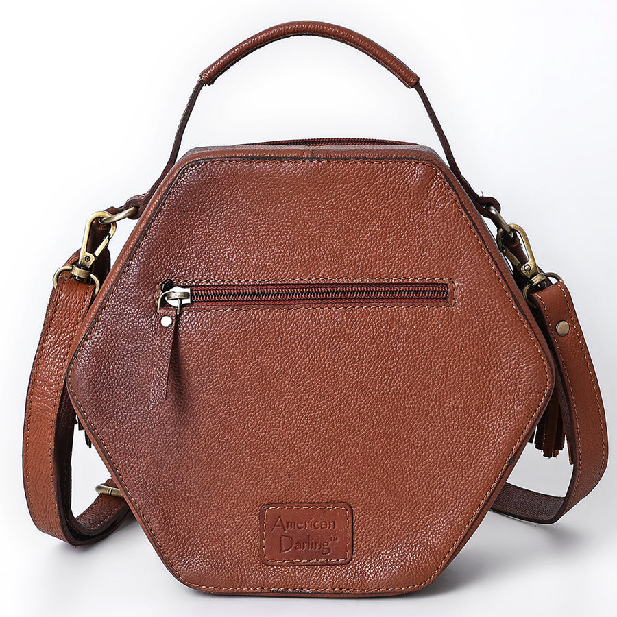 American Darling Hand Tooled Floral Carved Genuine Leather Canteen Bag Tassels Buck Stitched Western Purse YKK Zipper