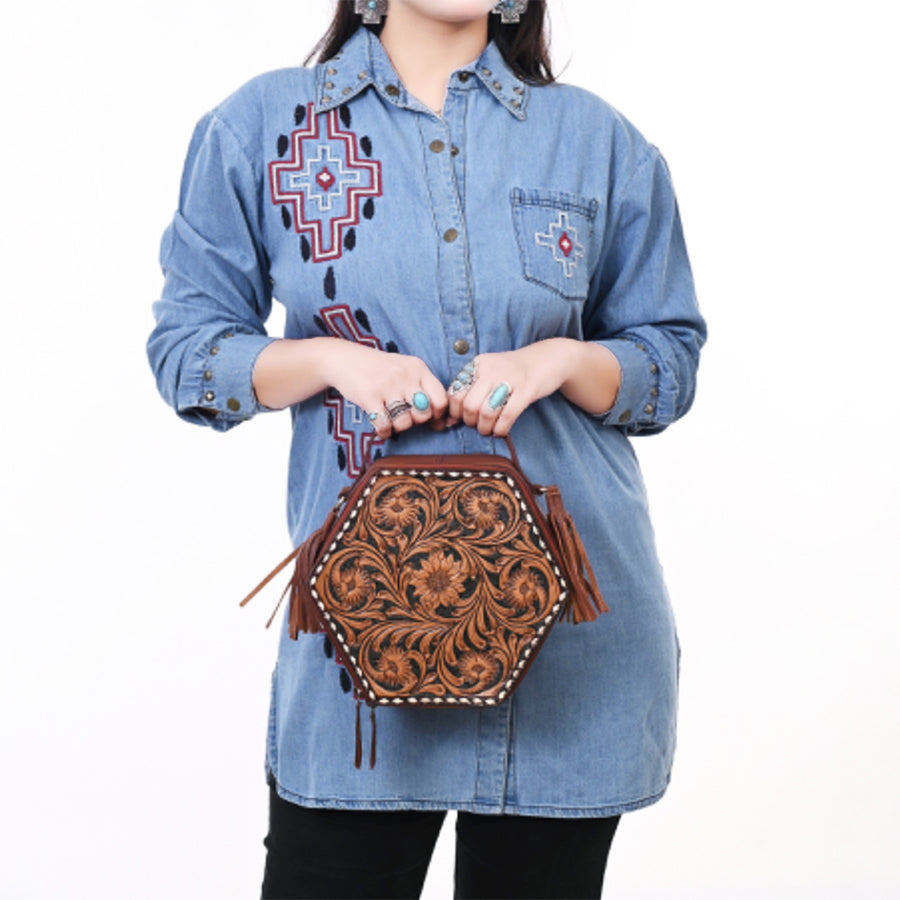 American Darling Hand Tooled Floral Carved Genuine Leather Canteen Bag Tassels Buck Stitched Western Purse YKK Zipper