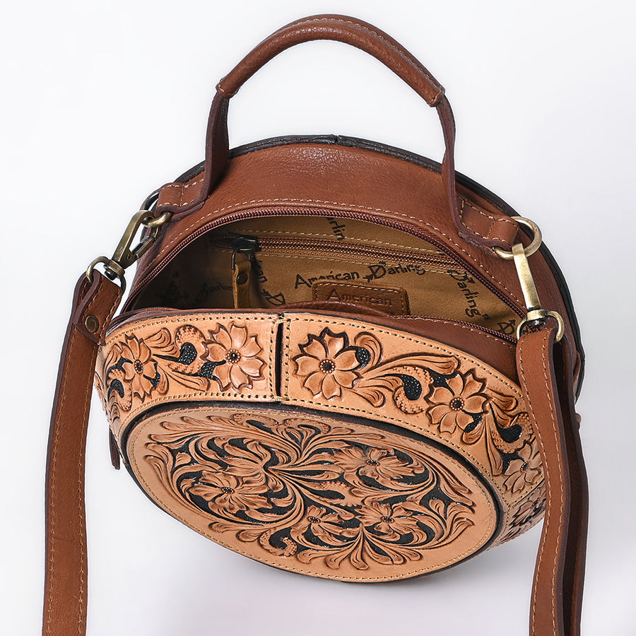 American Darling Hand Tooled Floral Carved Genuine Leather Canteen Bag Western Purse with YKK Zipper