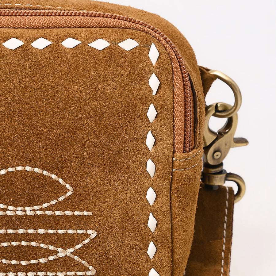 American Darling Boot Stitched Suede Leather Camera Bag Genuine Western Crossbody Purse with YKK Zipper