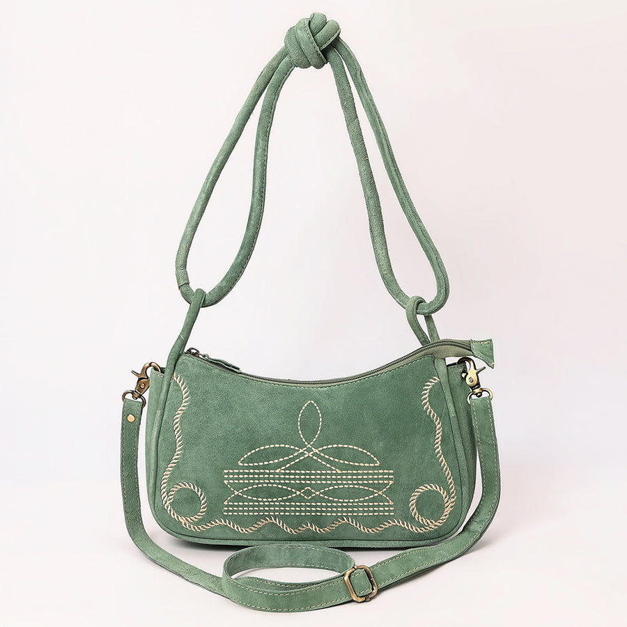 American Darling Boot Stitched Vegetable-Tanned Full Grain Genuine Suede Leather Cross body Bag Green
