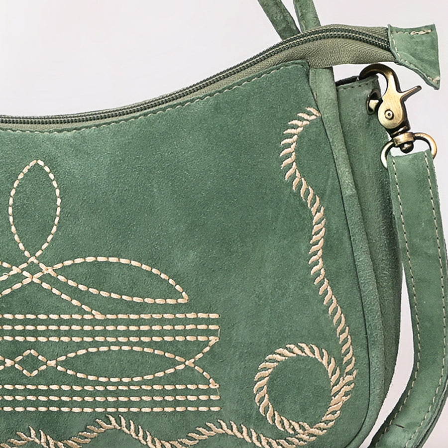 American Darling Boot Stitched Vegetable-Tanned Full Grain Genuine Suede Leather Cross body Bag Green