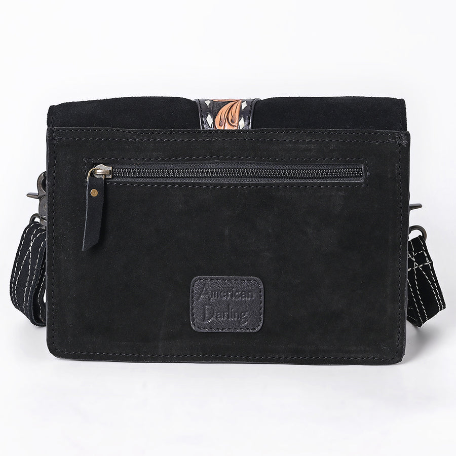 American Darling Black Western Leather Cross Body Bag – Hand-Tooled Accent Strap, Premium Genuine Suede Leather, Compact Everyday Crossbody Purse