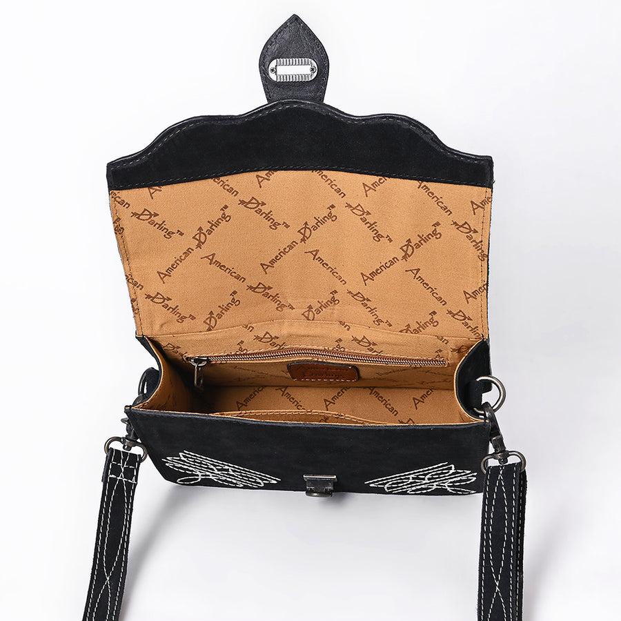 American Darling Black Western Leather Cross Body Bag – Hand-Tooled Accent Strap, Premium Genuine Suede Leather, Compact Everyday Crossbody Purse