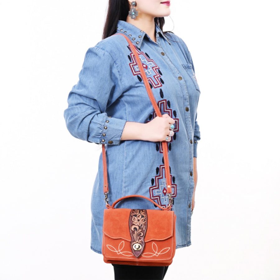 American Darling Hand Tooled Floral Carved Genuine Suede Leather Cross body Bag Genuine Western Purse with YKK Zipper