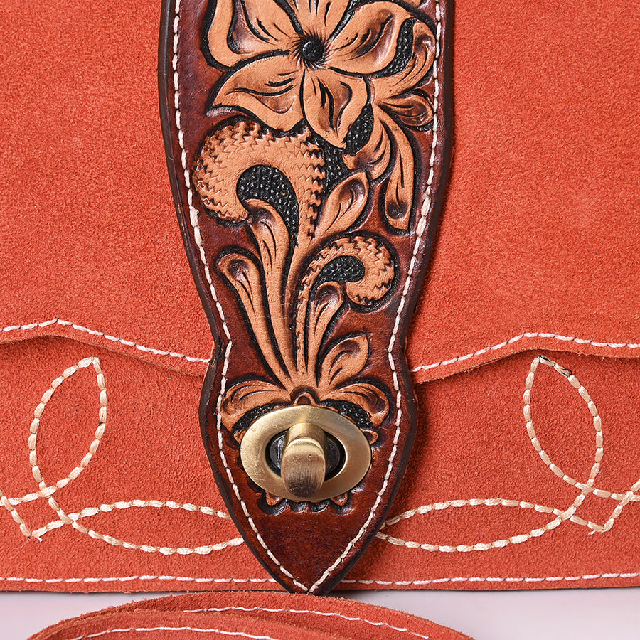 American Darling Hand Tooled Floral Carved Genuine Suede Leather Cross body Bag Genuine Western Purse with YKK Zipper