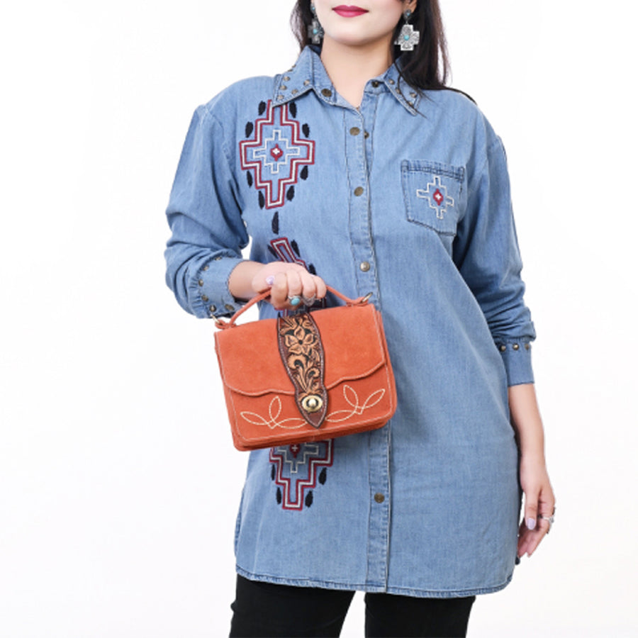 American Darling Hand Tooled Floral Carved Genuine Suede Leather Cross body Bag Genuine Western Purse with YKK Zipper
