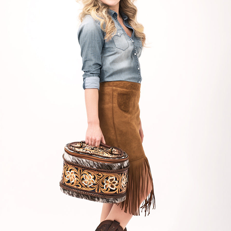 American Darling Hand Tooled Floral Carved Hair-On Cowhide Cross body Bag Genuine Leather Western Purse with YKK Zipper