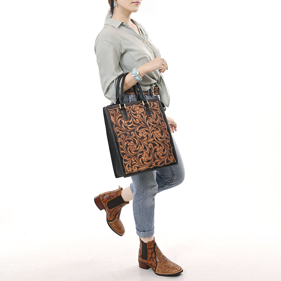 American Darling Hand Tooled Floral Carved Vegetable-Tanned Full Grain Genuine Leather Tote Bag with YKK Zipper