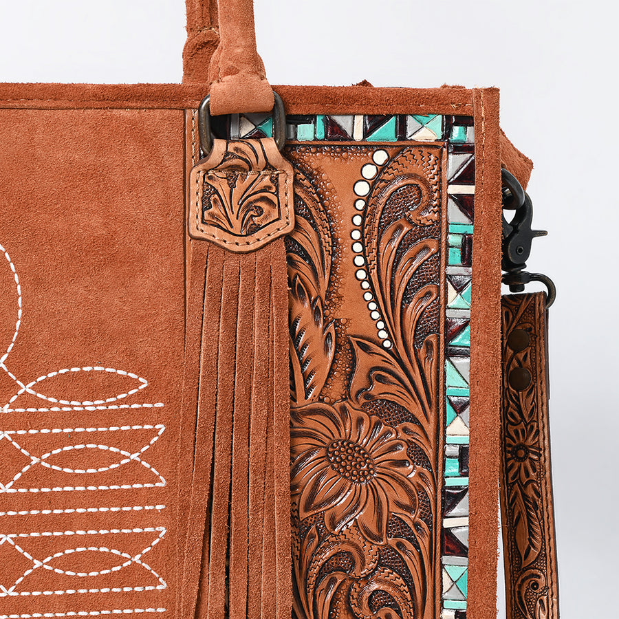 American Darling Western Leather Tote Bag – Genuine Tooled Panels, Fringe Accents, Spacious Design, Premium Craftsmanship
