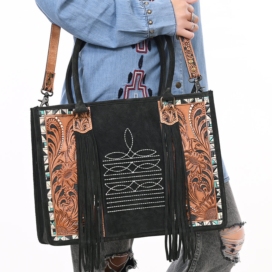 American Darling Western Leather Tote Bag – Genuine Tooled Panels, Fringe Accents, Spacious Design, Premium Craftsmanship
