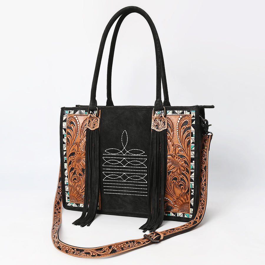 American Darling Black Western Genuine Suede Leather Tote Bag with Tooled Accents and Fringe - Handcrafted Design - Uhorse