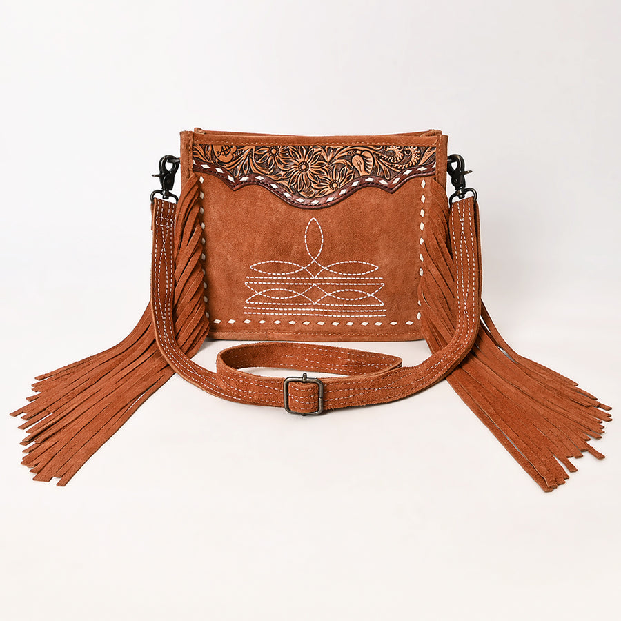 American Darling Western Genuine Suede Leather Crossbody Bag – Genuine Hand-Tooled Design, Fringe Accents, Premium Craftsmanship, Everyday Carry