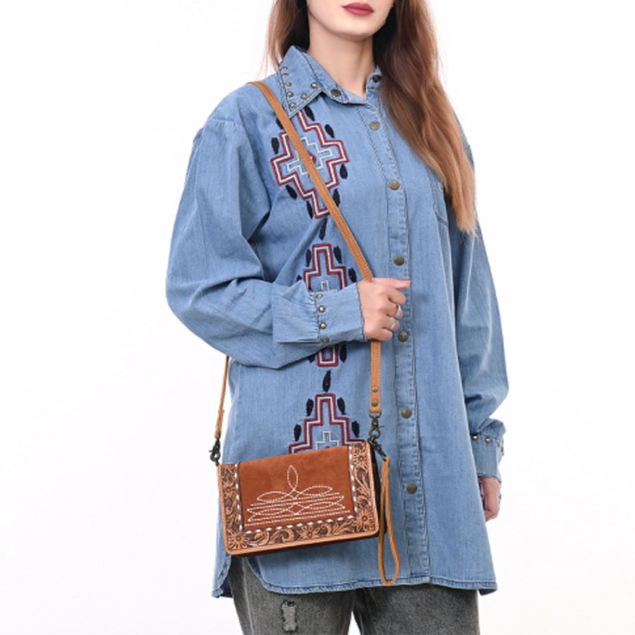 American Darling Western Genuine Suede Leather Organiser Bag – Hand-Tooled Design, Buck Stitched, Compact Everyday Carry with Premium Craftsmanship