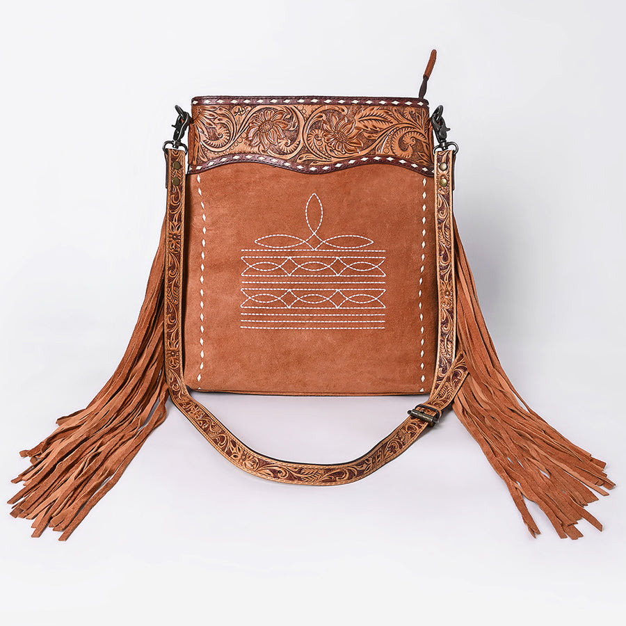 American Darling Western Leather Large Crossbody Bag – Genuine Hand-Tooled Panels, Fringe Styling, Spacious Everyday Carry with Premium Craftsmanship