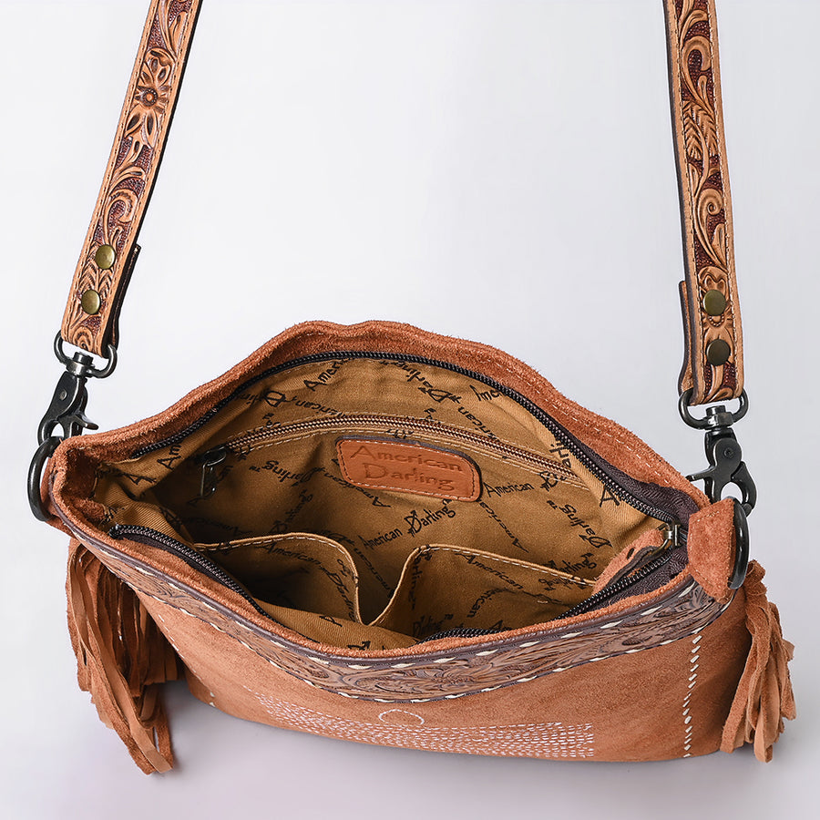 American Darling Western Leather Large Crossbody Bag – Genuine Hand-Tooled Panels, Fringe Styling, Spacious Everyday Carry with Premium Craftsmanship