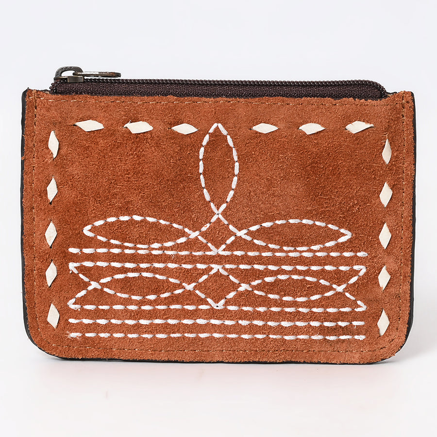 American Darling Western Genuine Suede Leather Card Holder – Compact Genuine Leather Design, Buck Stitched Detailing, Secure Zippered Essentials Case