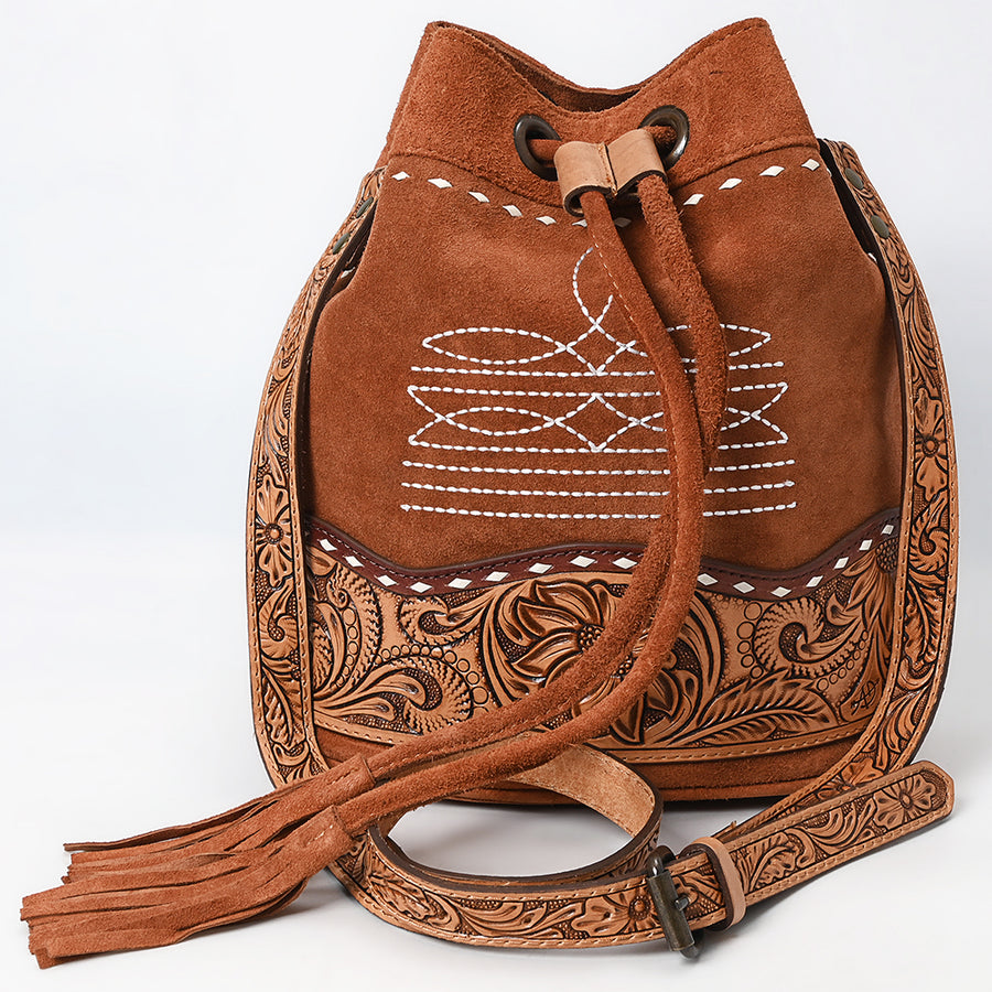 American Darling Western Genuine Suede Leather Bucket Bag – Genuine Hand-Tooled Design, Tassels, Spacious Everyday Carry with Premium Craftsmanship