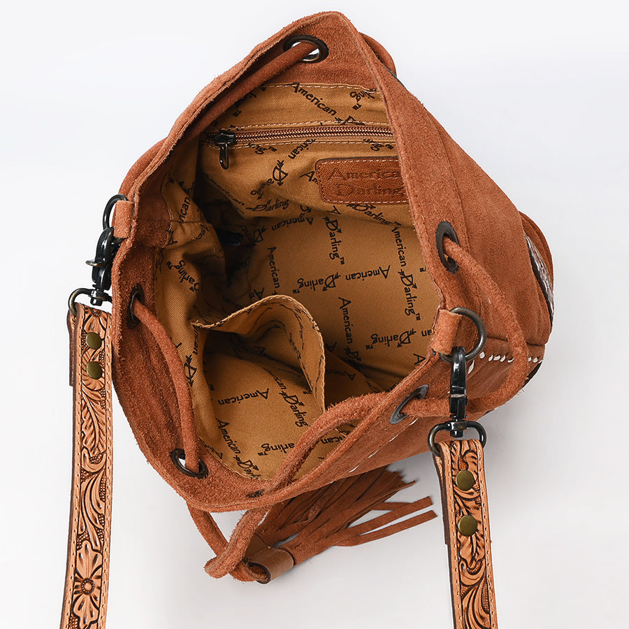 American Darling Western Genuine Suede Leather Bucket Bag – Genuine Hand-Tooled Design, Tassels, Spacious Everyday Carry with Premium Craftsmanship