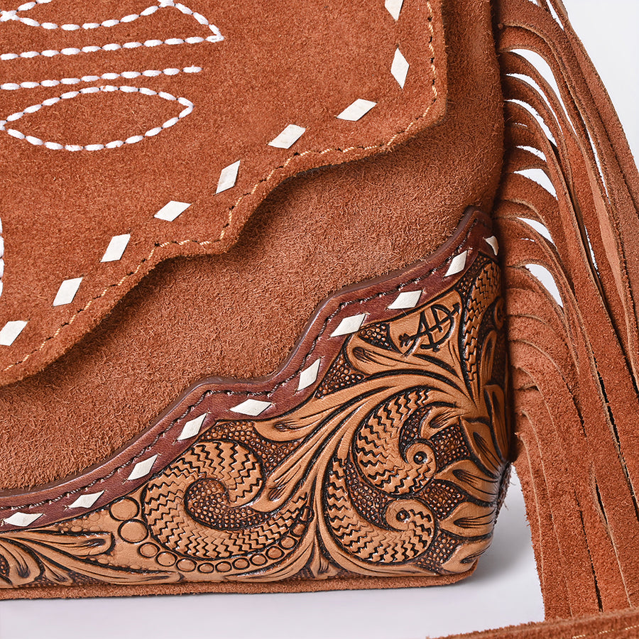 American Darling Western Genuine Suede Leather Crossbody Bag – Genuine Hand-Tooled Panels, Fringe Styling, Compact Everyday Carry with Premium Craftsmanship