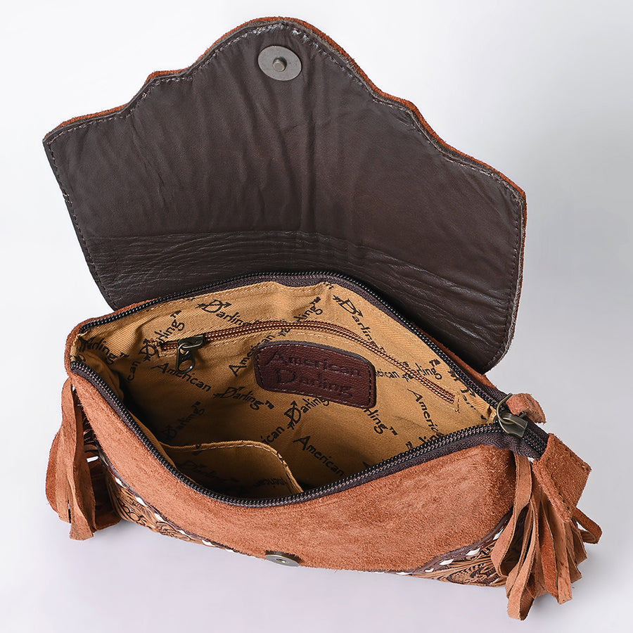 American Darling Western Genuine Suede Leather Crossbody Bag – Genuine Hand-Tooled Panels, Fringe Styling, Compact Everyday Carry with Premium Craftsmanship
