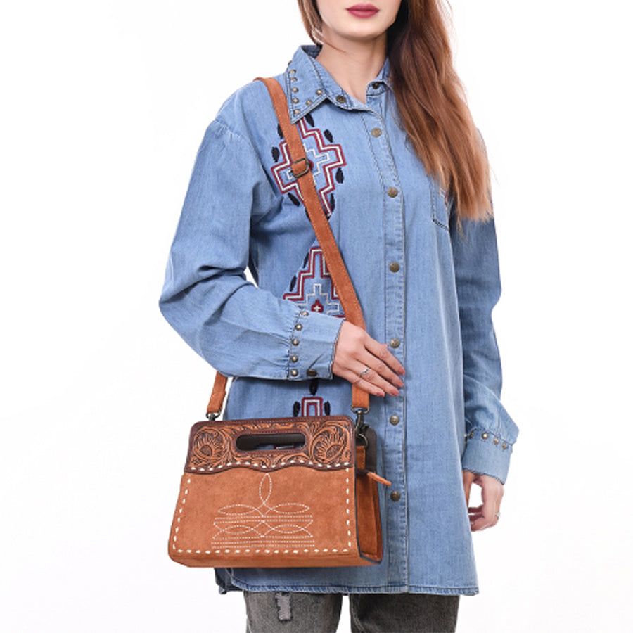 American Darling Western Leather Clutch Bag – Genuine Suede, Tooled Handle, Buck-Stitched Accents, Compact Carry with Premium Craftsmanship