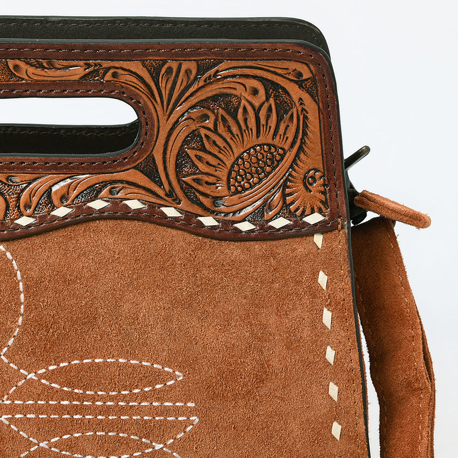 American Darling Western Leather Clutch Bag – Genuine Suede, Tooled Handle, Buck-Stitched Accents, Compact Carry with Premium Craftsmanship