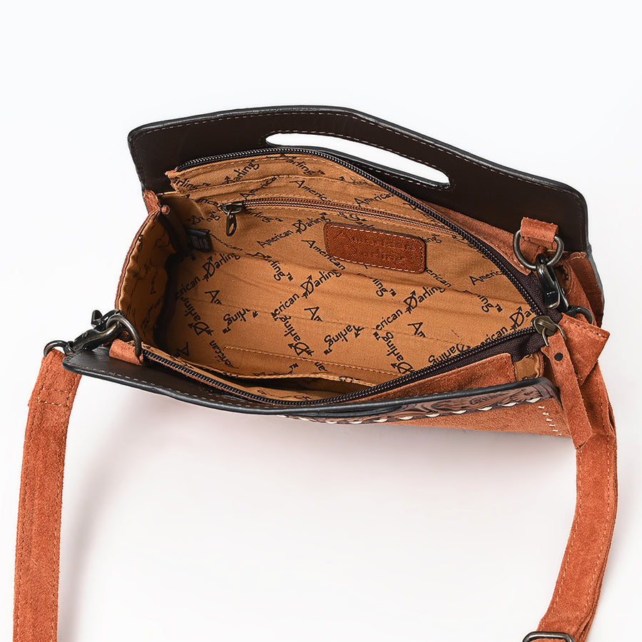 American Darling Western Leather Clutch Bag – Genuine Suede, Tooled Handle, Buck-Stitched Accents, Compact Carry with Premium Craftsmanship