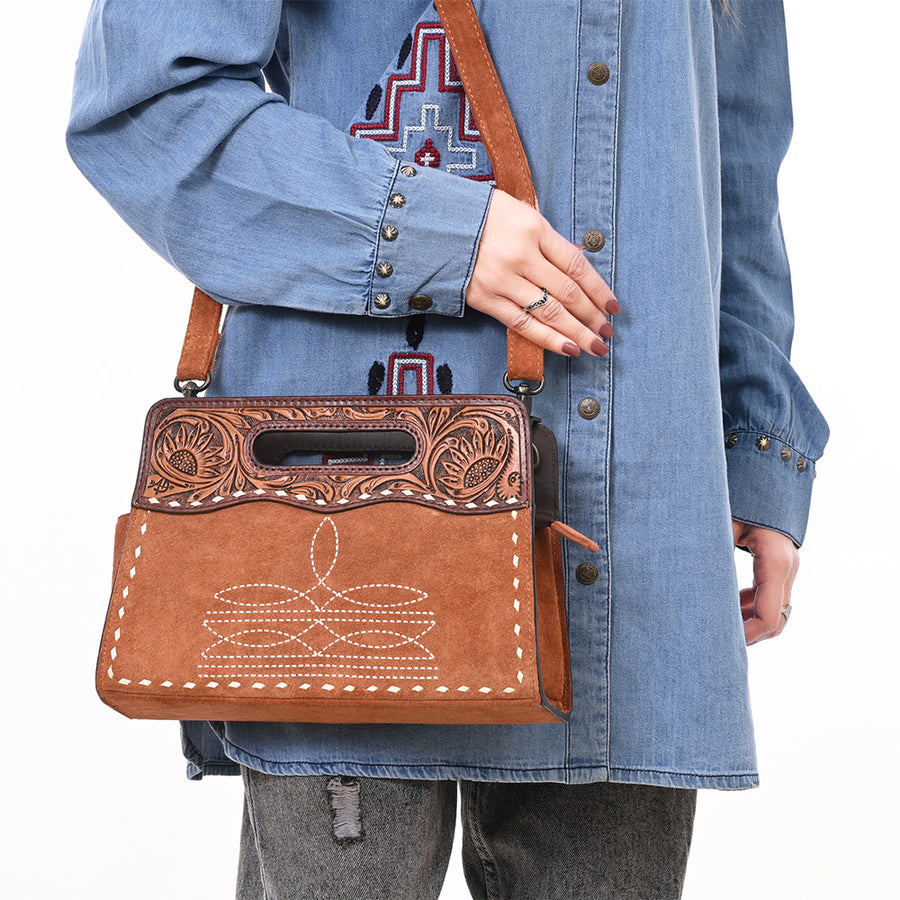 American Darling Western Leather Clutch Bag – Genuine Suede, Tooled Handle, Buck-Stitched Accents, Compact Carry with Premium Craftsmanship