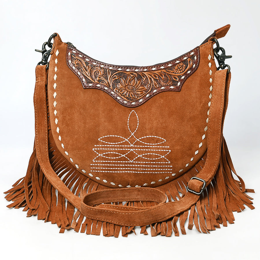 Western Leather Large Crossbody Bag with Fringe, Hand-Tooled Floral Accents, Genuine Suede Body, Buck Stitching & Adjustable Strap by American Darling